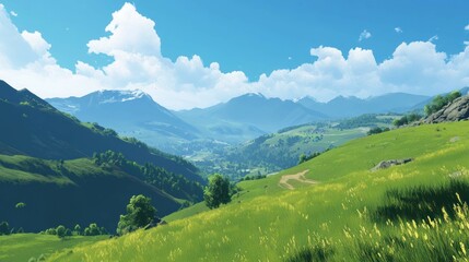 Fototapeta premium Scenic landscape with mountains, green hills, and a beautiful blue sky.