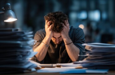 Overwhelmed Worker Struggles with Paperwork, Feeling Stressed and Exhausted at Night.  Workplace Burnout and Fatigue.