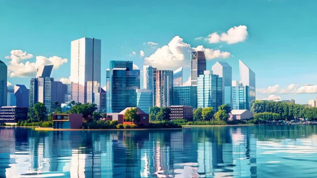 A stunning modern urban skyline set against a serene water backdrop, featuring sleek buildings and lush greenery under a vibrant blue sky.