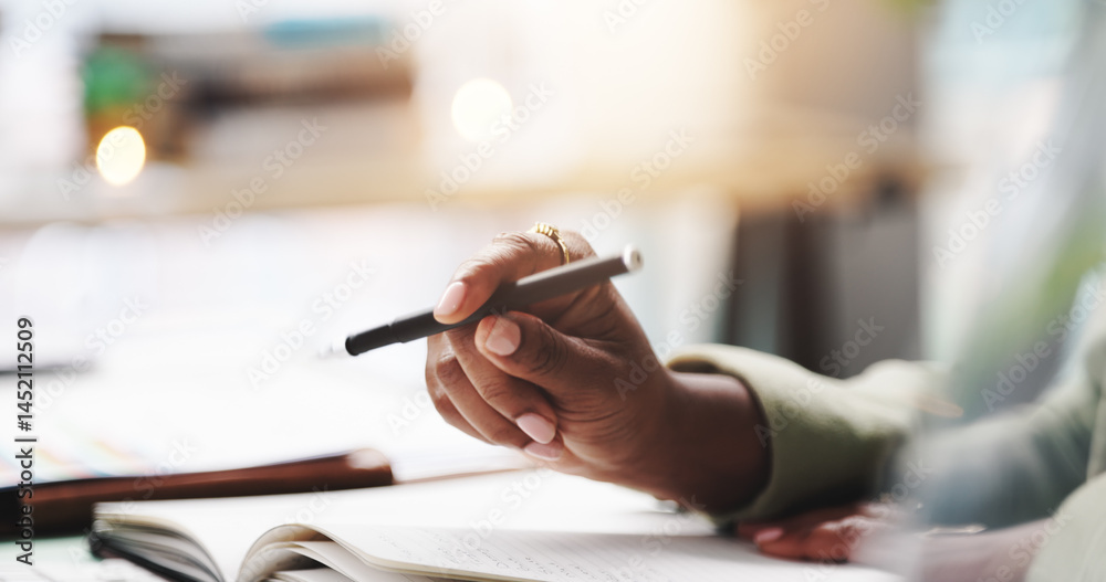 Poster pen, hand and person with notebook in home for studying with university test, exam or assignment. st