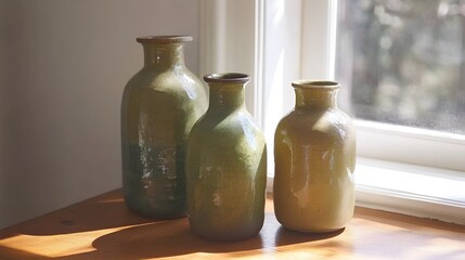 Three Green Ceramic Vases Sunlight Windowsill Still Life