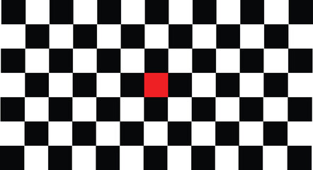 Fototapeta premium Black and white checkered pattern . Chess pattern . Black and white square background . Checkered wallpaper . Vector illustration and middle one is red shape black and white tile shape 