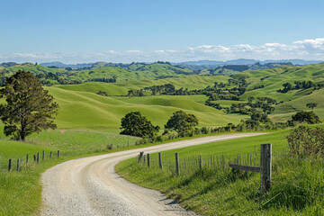 serene rural landscape showcasing lush green fields rolling hills and clear blue sky.