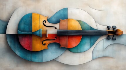 Violin in wooden cubism style, with vibrant multicolored layers and angular geometric forms. An abstract composition combining music and cubist abstraction into one fluid artwork.