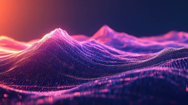 Abstract digital mountains with neon light and grid pattern. Futuristic design.