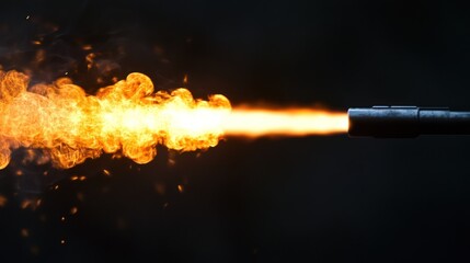 Close-up of a flamethrower shooting flames on a dark, intense background.