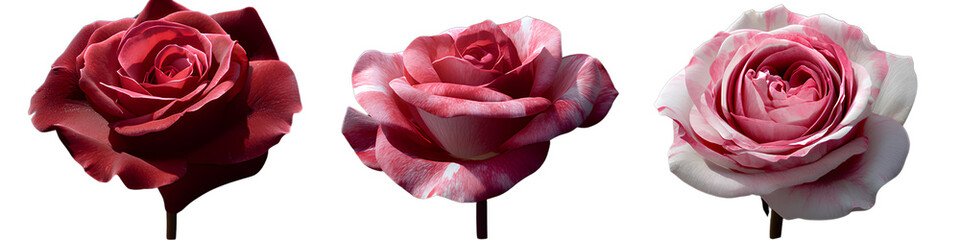 Three different roses with stripes, in red and pink colors, on a transparent background png 