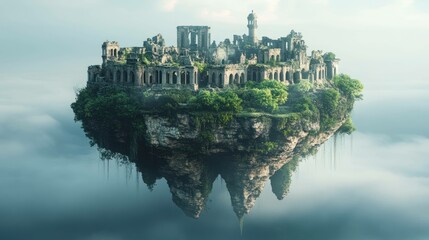 Naklejka premium Floating island with ancient ruins surrounded by mist, dreamy aesthetic.