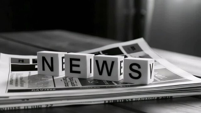 Black and white photograph of newspaper with the word 'NEWS' displayed prominently on cubes