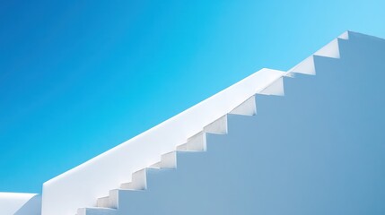 White stairs ascend against a vibrant blue sky; summer vacation architecture