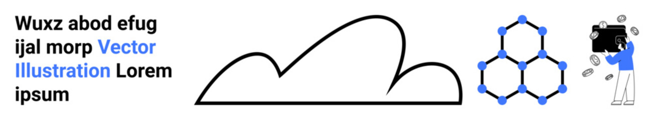 Minimal cloud line art, hexagonal network nodes, and a photographer with a camera. Ideal for technology, creativity, cloud storage, photography, innovation, networking science simple landing page