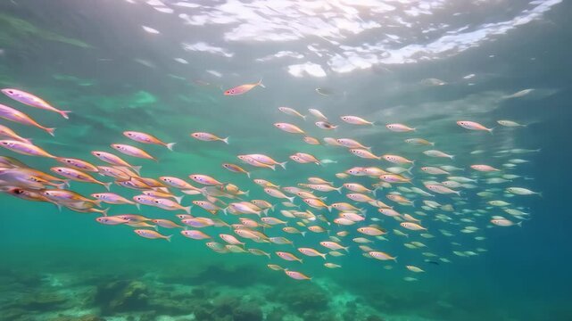 A stunning underwater scene showcasing a vibrant coral reef with a school of small fish swimming gracefully. The clear blue water highlights the beauty of marine life.
