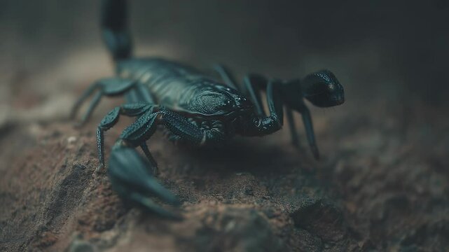 Closeup dark scorpion on rough ground