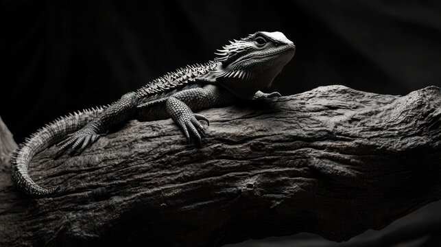 A bearded dragon sits on a weathered log, its textured skin prominent. Dark background