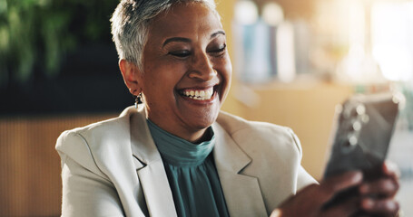 Office, business woman and smile with phone for good news, research or online results. Employee,...