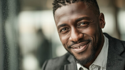 Naklejka premium Confident business professional smiling, portrait in suit. Success and professionalism in the modern workplace.