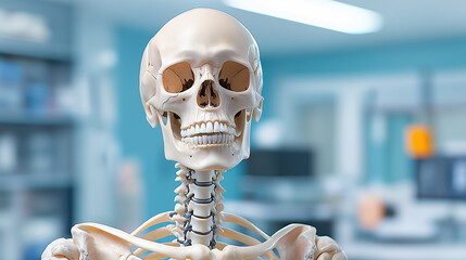 Realistic human skeleton model in a modern classroom setting
