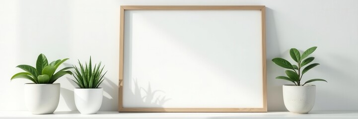 Fototapeta premium Black frame mockup, white shelf, plants, home decor, mockup template, plant shelf, interior