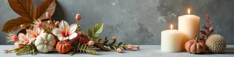 Dried plant arrangement, white candles, stone backdrop, copy space, overhead, calm