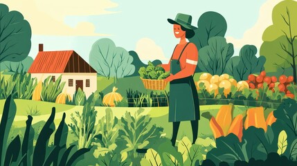 Illustration of a woman gardening in a vibrant vegetable garden.