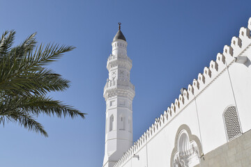 Close up of Quba Mosque Tower. Quba Mosque is the first mosque built in the history of Islam located in Medina al-Munawwarah, Saudi Arabia