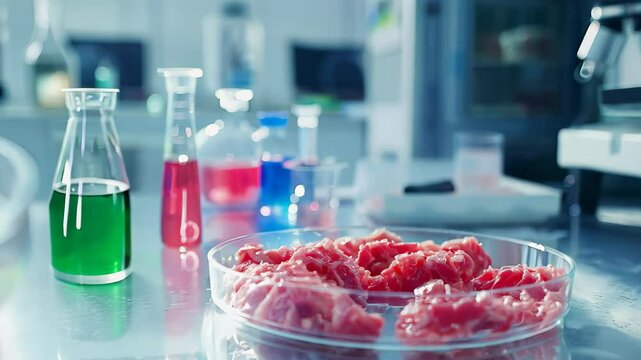 A vibrant laboratory scene featuring colorful chemicals in glassware alongside biological samples. Ideal for topics on science, research, and innovation in a laboratory setting.