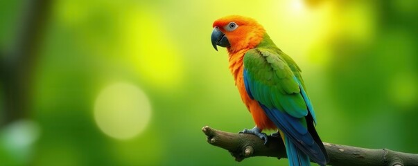 Obraz premium Vibrant parrot on lush green branch, sunlight gleaming on feathers , colorful, tropical bird