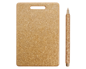 Glittery gold notebook and pen set for writing on a transparent background