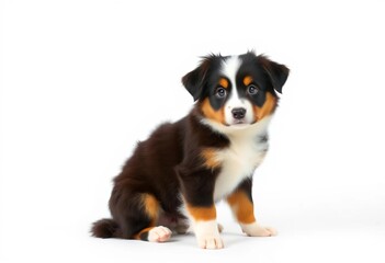 Fototapeta premium Australian Shepherd puppy sits alertly against a pure white backdrop, sitting, happy dog