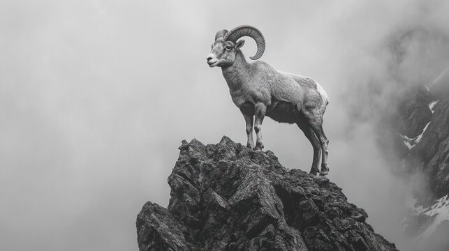 A bighorn sheep surveys its domain, standing atop a craggy, fog-shrouded mountain peak