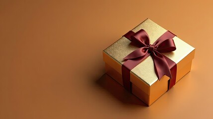 A luxurious golden gift box adorned with a rich maroon ribbon, perfect for special occasions and celebrations