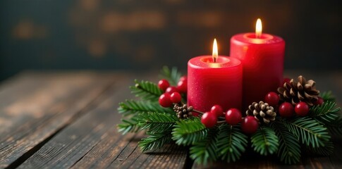 Two red candles in a berry wreath, Christmas decor, dark wood background , belief, christmas wreath, peace