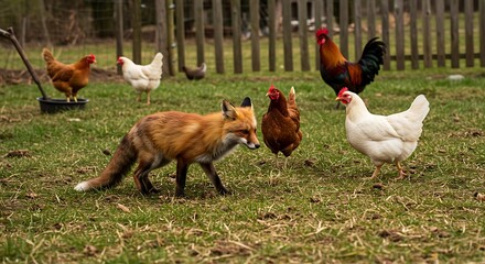 A red fox is depicted in a grassy area close to chickens and a wooden fence, suggesting a farm setting.