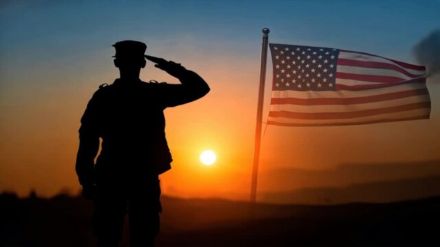 Soldier saluting with the USA flag in the background at sunrise, representing respect and patriotism for Memorial Day, American Independence Day, and Patriotic Day