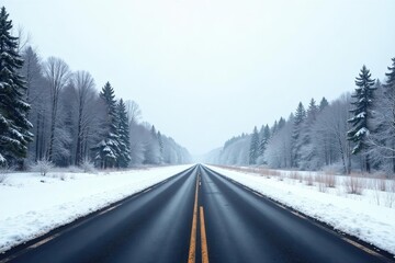 Obraz premium A scenic winter road journey through a snow-covered forest with a tranquil atmosphere and an inviting path ahead