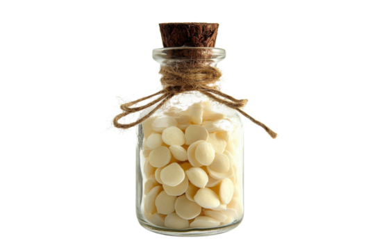Glass Bottle of Tiny Colorful Pellets Isolated on White Background. Perfect for Medicine, Science, on transparent background