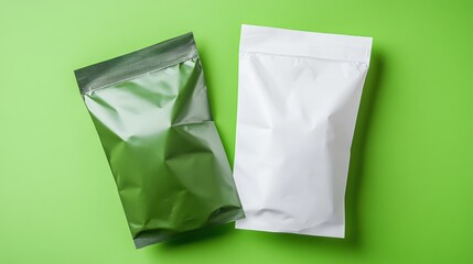Stylish snack bags in white and green with clean lines, top-down view on tidy surface