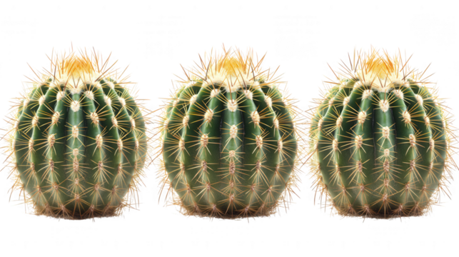 Three Echinocactus Grusonii plants arranged side by side on transparent background - Powered by Adobe