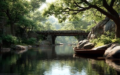 Fototapeta premium Serene river scene with stone bridge boat