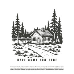 Fototapeta premium Vintage hand drawn small wooden cabin with river in the side of cabin illustration