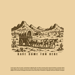 Vintage retro hand drawn horse carrying covered wagon vector © purify