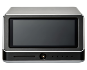 Compact desktop computer with a touch screen and ports on a transparent background