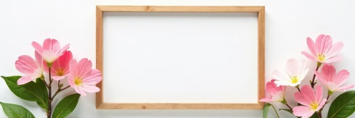 Naklejka premium Wooden frame mockup, white wall, gypsophila Landscape orientation, copy space , gypsophila, wood