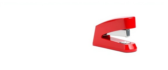 A vibrant red office stapler isolated on a pure white background, minimal, office supply