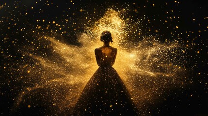 A woman stands in a dark space, surrounded by golden glitter and stardust.