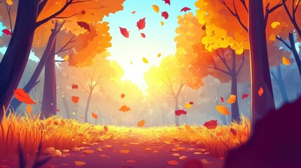 Whimsical fall landscape featuring falling leaves and golden sunlight in a forest.