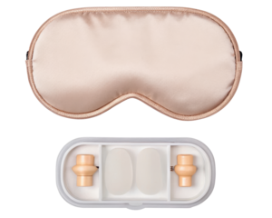Sleep mask and earplugs set for rest and travel comfort on a transparent background