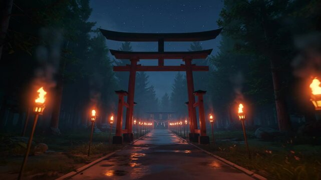 asian gate with torch fire in night 