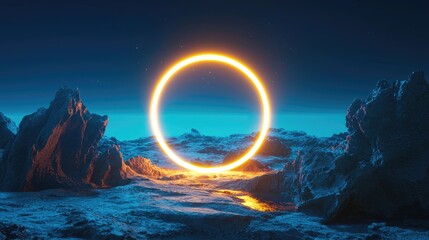 A glowing circular portal in a rocky landscape.
