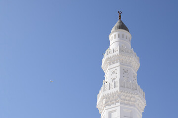 Close up of Quba Mosque Tower. Quba Mosque is the first mosque built in the history of Islam located in Medina al-Munawwarah, Saudi Arabia